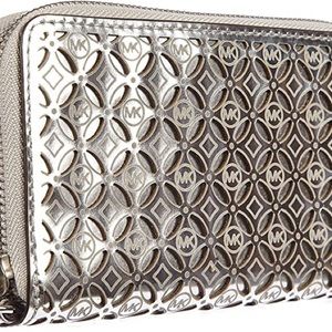 Michael Kors silver flower wallet perforated leather zip around wallet